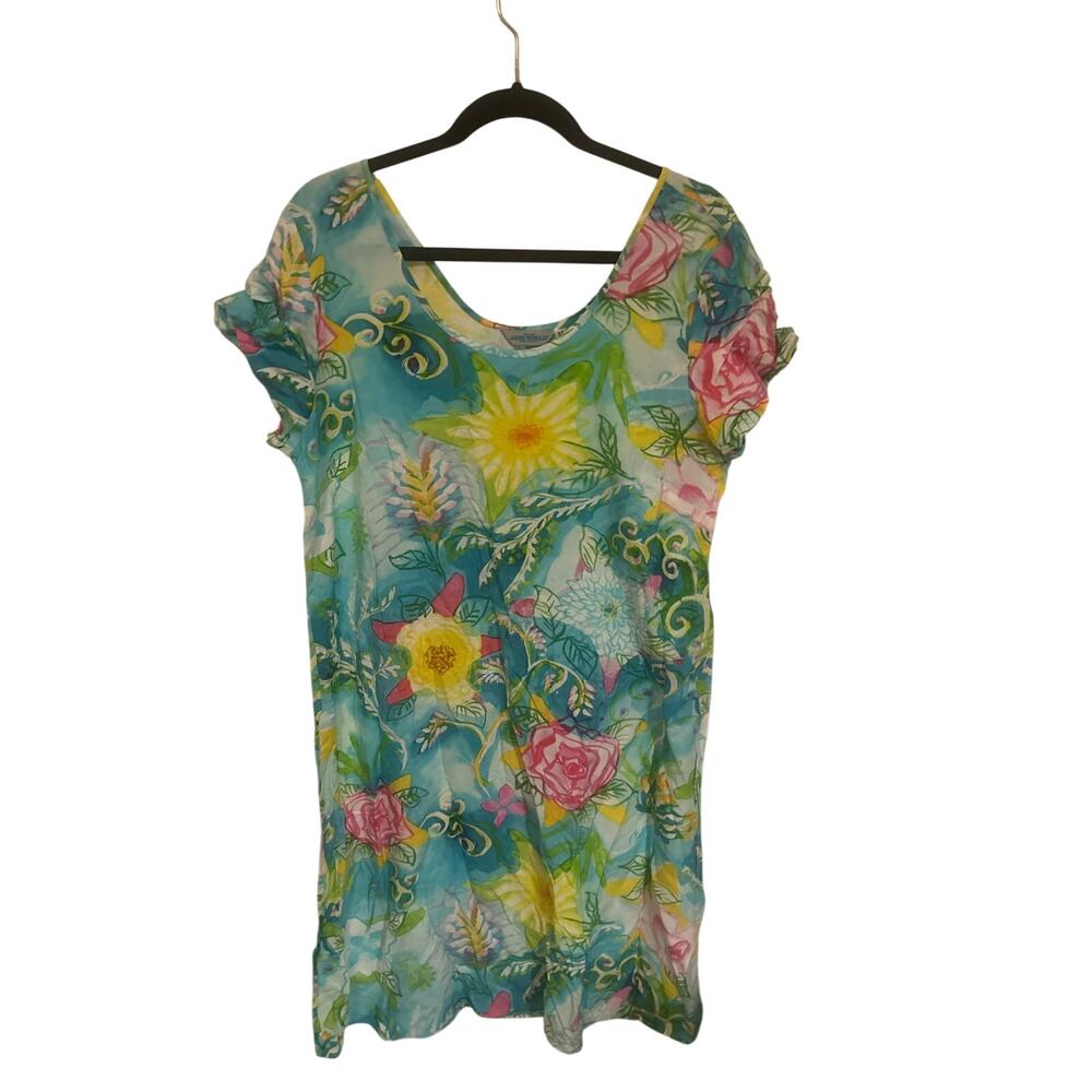 Jams World Hawaii XL Blue Tropical Floral Short Sleeve Dress Resort